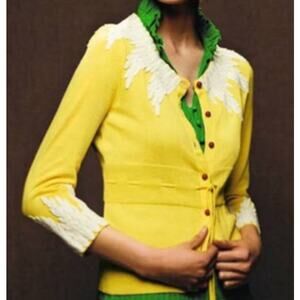 Moth Anthropologie Sunny Yellow Cotton Wysteria Lace Trim Fitted Cardigan, Med